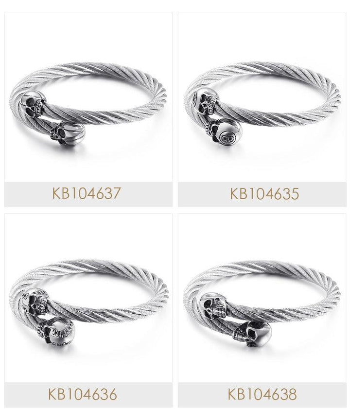 KALEN 6mm Twisted Cable Skull Charm Cuff Bracelet Bangles for Men - kalen