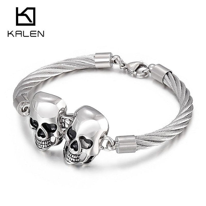 KALEN 6mm Twisted Cable Skull Charm Cuff Bracelet Bangles for Men - kalen