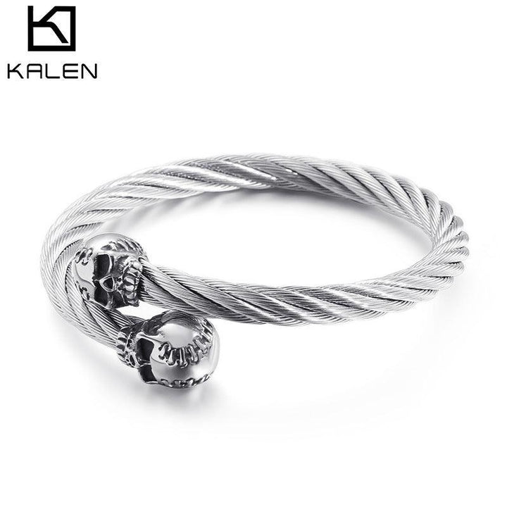 KALEN 6mm Twisted Cable Skull Charm Cuff Bracelet Bangles for Men - kalen