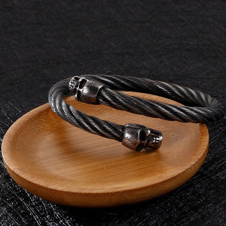 KALEN 6mm Twisted Cable Skull Charm Cuff Bracelet Bangles for Men - kalen