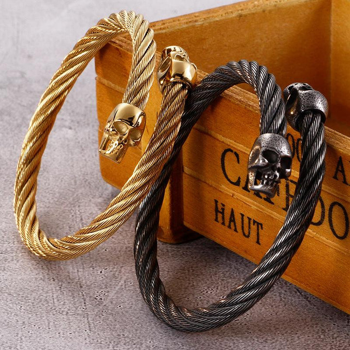 KALEN 6mm Twisted Cable Skull Charm Cuff Bracelet Bangles for Men - kalen