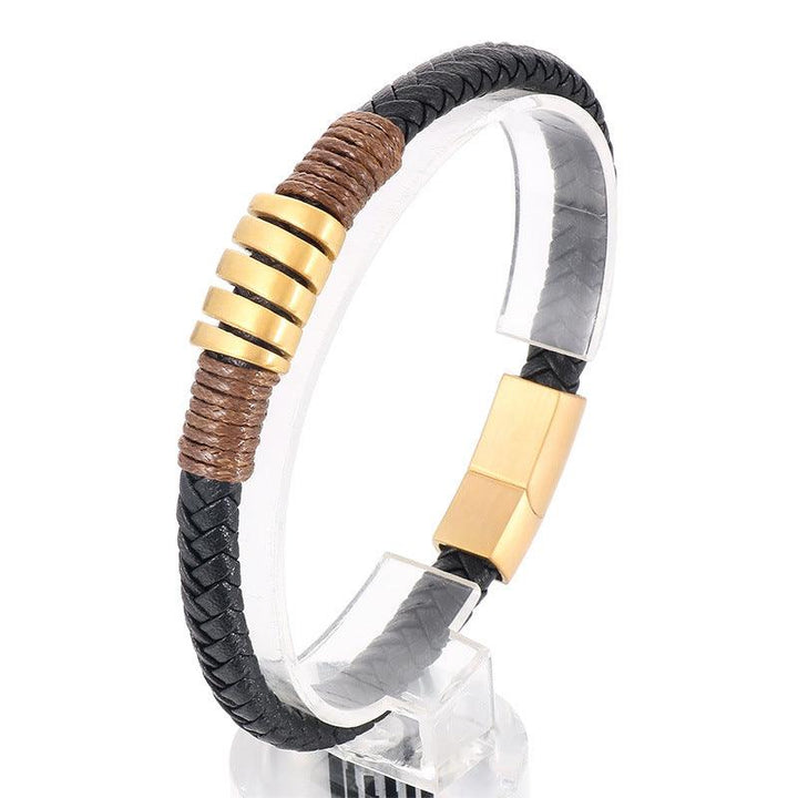 KALEN 7mm Cowhide Leather Stainless Steel Charm Bracelet for Men - kalen