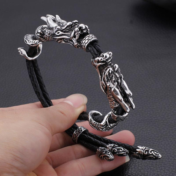 Kalen 7mm Leather Stainless Steel Dragon Animal Charm Bracelet For Men - kalen