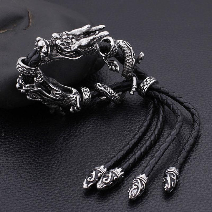 Kalen 7mm Leather Stainless Steel Dragon Animal Charm Bracelet For Men - kalen