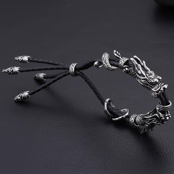 Kalen 7mm Leather Stainless Steel Dragon Animal Charm Bracelet For Men - kalen