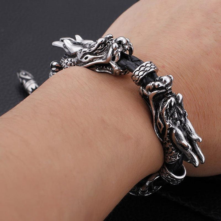 Kalen 7mm Leather Stainless Steel Dragon Animal Charm Bracelet For Men - kalen