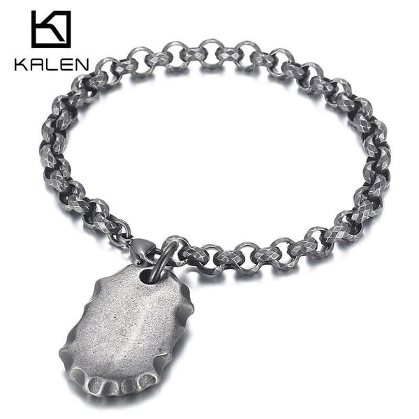 KALEN 7mm Link Chain Vintage Grey Bracelet Men Stainless Steel Support Simple Name Engraved Medal Jewelry.