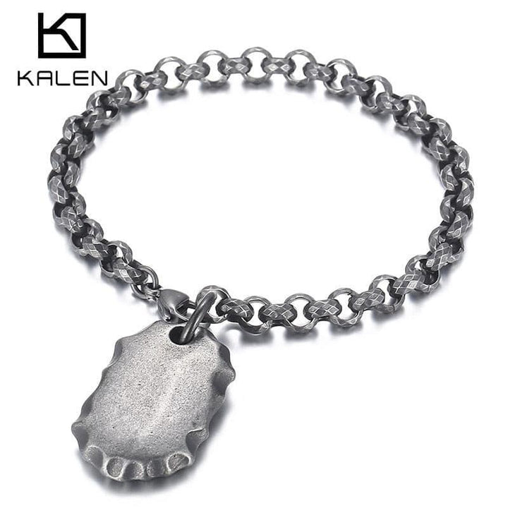 KALEN 7mm Link Chain Vintage Grey Bracelet Men Stainless Steel Support Simple Name Engraved Medal Jewelry.
