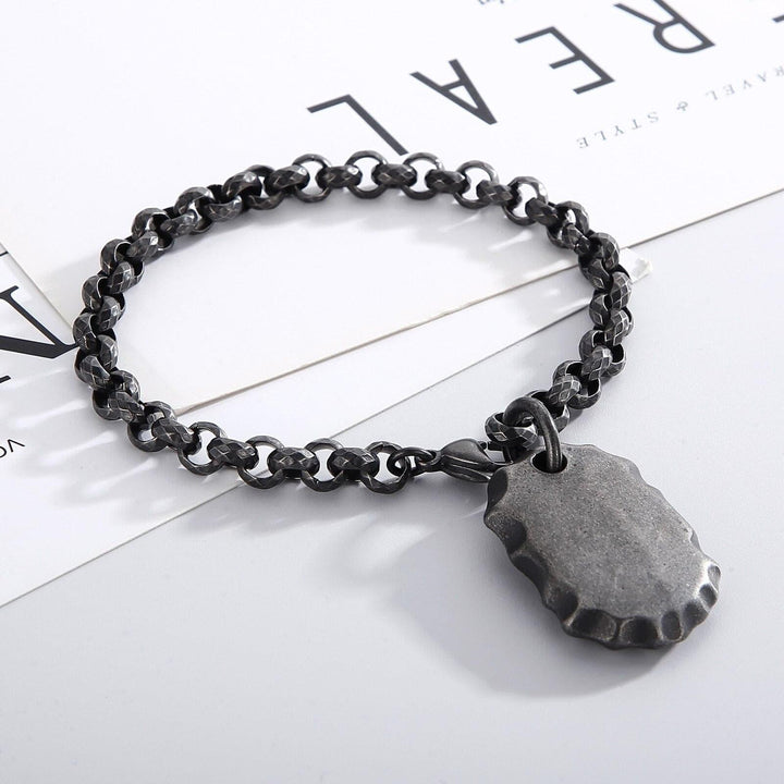 KALEN 7mm Link Chain Vintage Grey Bracelet Men Stainless Steel Support Simple Name Engraved Medal Jewelry.