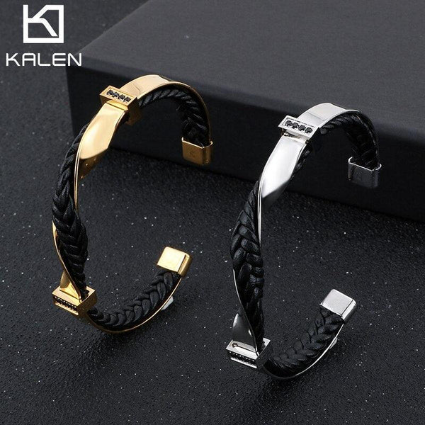 Kalen Men's Stainless Steel Leather Zircon Fashion Bracelet Twisted Surface Shape Accessories.