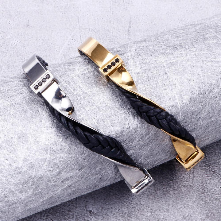 Kalen Men's Stainless Steel Leather Zircon Fashion Bracelet Twisted Surface Shape Accessories.