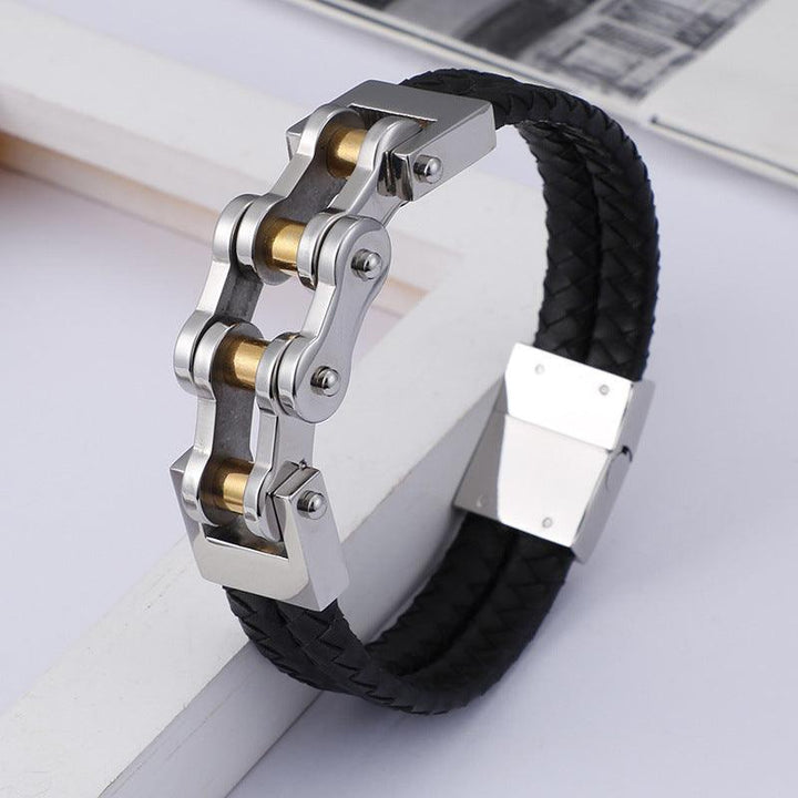 KALEN 8mm Cowhide Leather Stainless Steel Bicycle Chain Bracelet for Men - kalen
