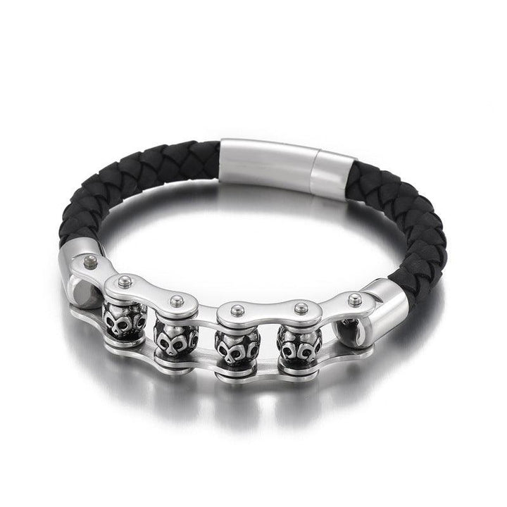 KALEN 8mm Cowhide Leather Stainless Steel Bicycle Rotatable Skull Beaded Bracelet for Men - kalen