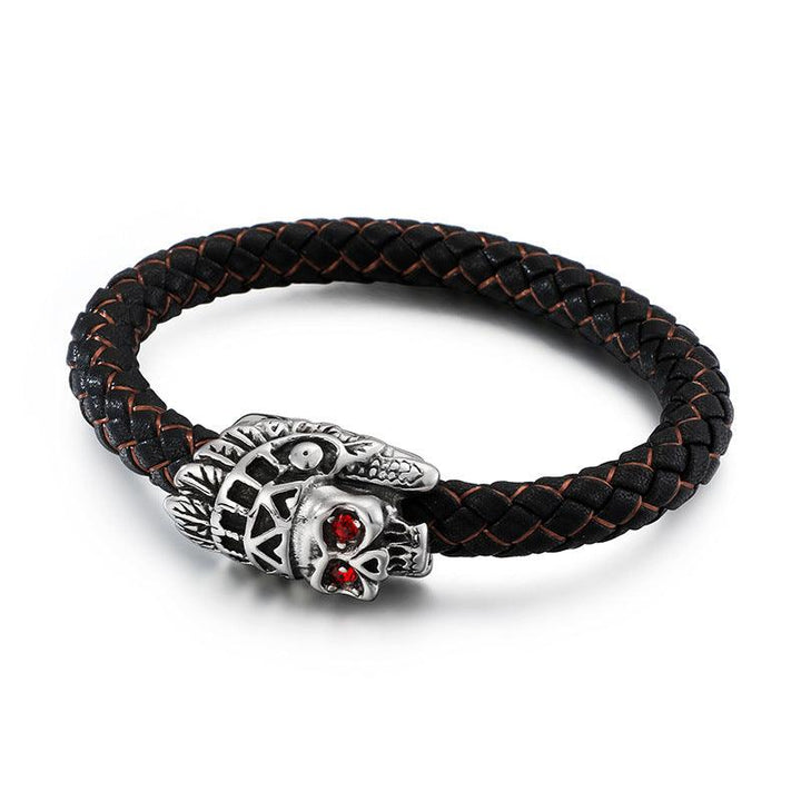 KALEN 8mm Cowhide Leather Stainless Steel Lion Animal Skull Charm Bracelet for Men - kalen