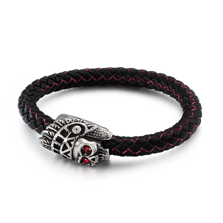 KALEN 8mm Cowhide Leather Stainless Steel Lion Animal Skull Charm Bracelet for Men - kalen