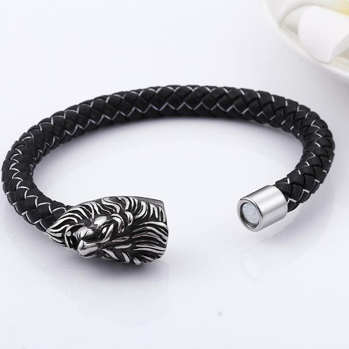 KALEN 8mm Cowhide Leather Stainless Steel Lion Animal Skull Charm Bracelet for Men - kalen