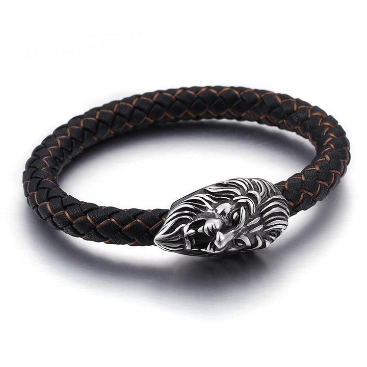 KALEN 8mm Cowhide Leather Stainless Steel Lion Animal Skull Charm Bracelet for Men - kalen