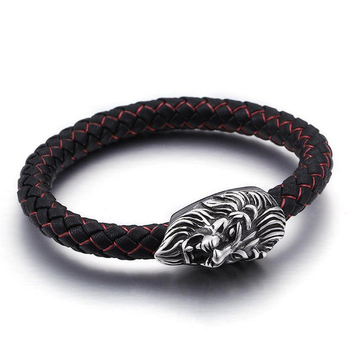 KALEN 8mm Cowhide Leather Stainless Steel Lion Animal Skull Charm Bracelet for Men - kalen