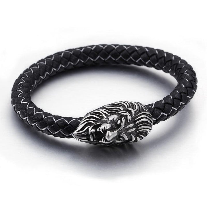 KALEN 8mm Cowhide Leather Stainless Steel Lion Animal Skull Charm Bracelet for Men - kalen