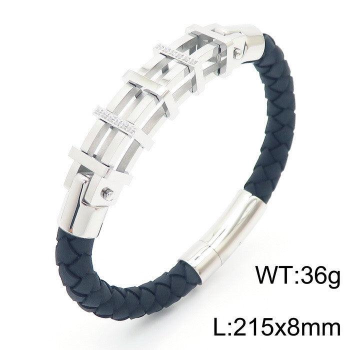 KALEN 8mm Cowhide Leather Stainless Steel Zircon Charm Bracelet for Men - kalen