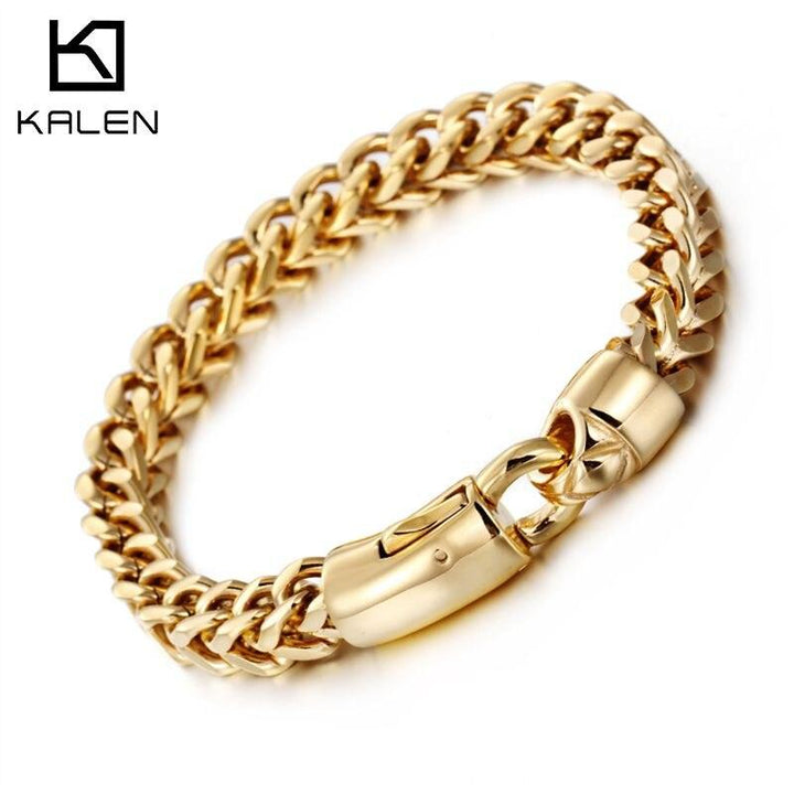 Kalen Dubai Gold Color Link Chain Bracelet For Men Stainless Steel Jewelry High Polished Hand Chain Accessories Birthday Gifts.