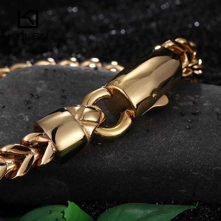 Kalen Dubai Gold Color Link Chain Bracelet For Men Stainless Steel Jewelry High Polished Hand Chain Accessories Birthday Gifts.