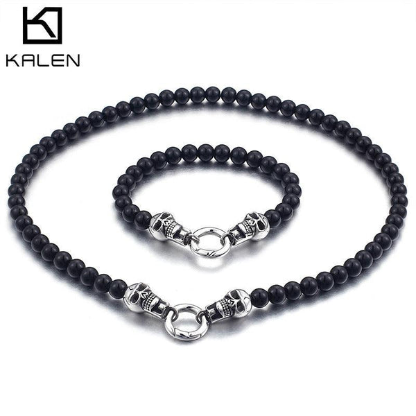 Kalen 8mm Glass Beads Chain Skull Charm Bracelet Necklaces - kalen