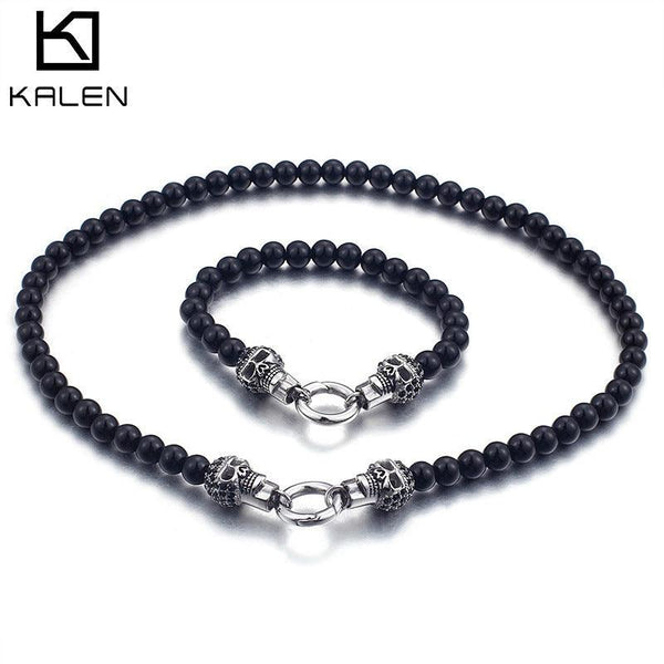 Kalen 8mm Glass Beads Chain Skull Charm Bracelet Necklaces - kalen