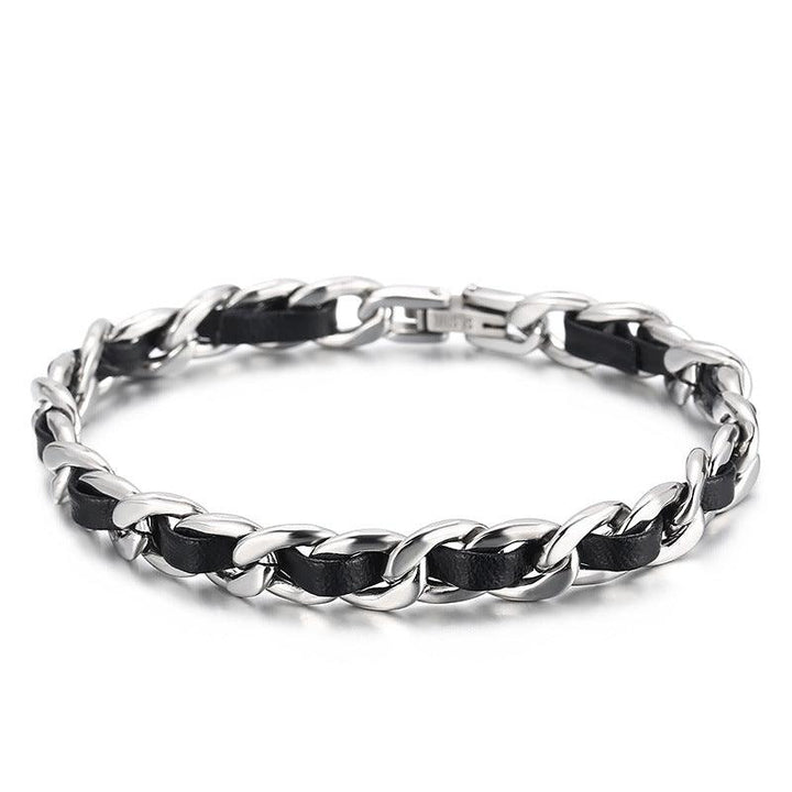 Kalen 8mm Leather Cuban Chain Stainless Steel Bracelet For Men - kalen