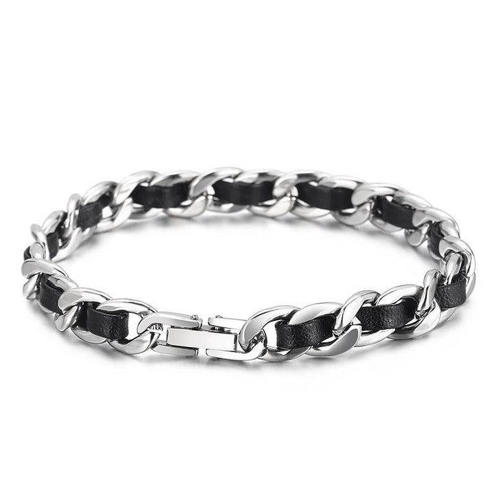 Kalen 8mm Leather Cuban Chain Stainless Steel Bracelet For Men - kalen