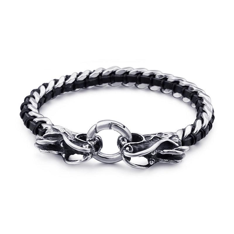 Kalen 8mm Leather Cuban Chain Stainless Steel Dragon Charm Bracelet For Men - kalen