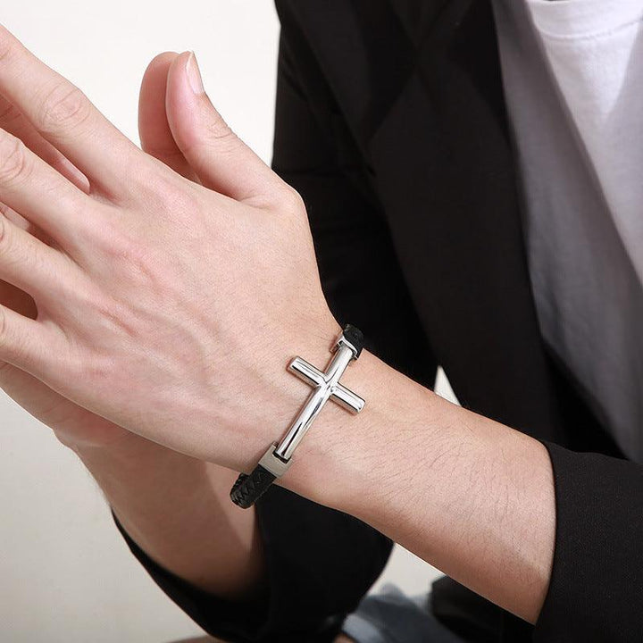 Kalen 8mm Leather Stainless Steel Cross Charm Bracelet For Men - kalen