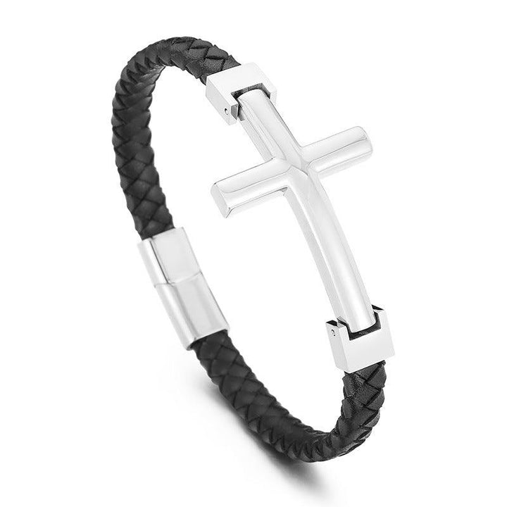 Kalen 8mm Leather Stainless Steel Cross Charm Bracelet For Men - kalen