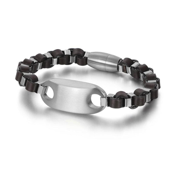 Kalen 8mm Leather Stainless Steel ID Bracelet For Men - kalen