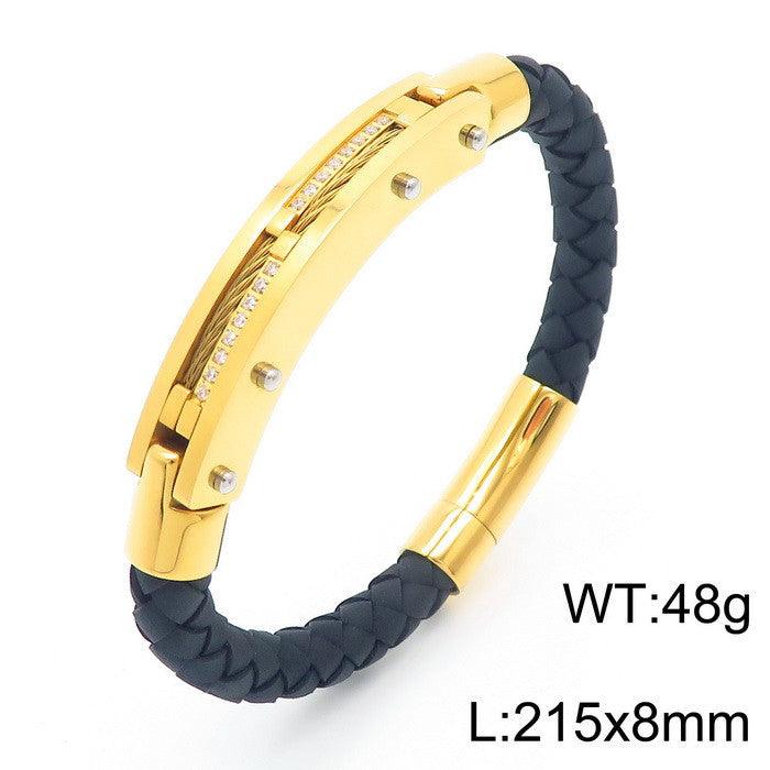 Kalen 8mm Leather Stainless Steel Zircon Charm Bracelet For Men - kalen
