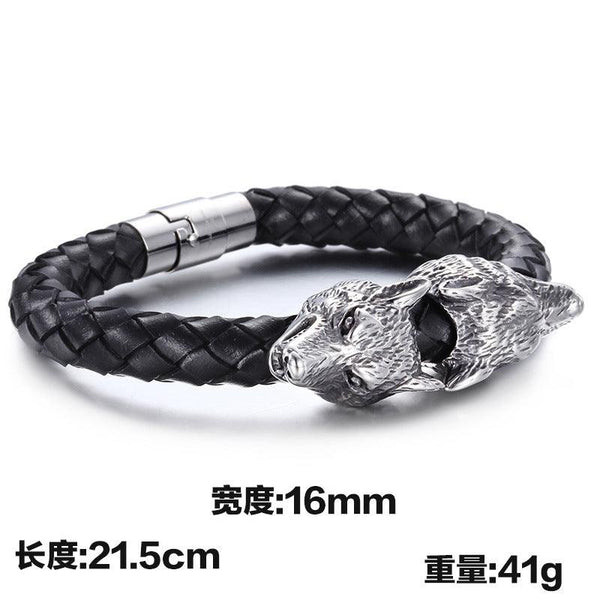 KALEN 9mm Cowhide Leather Stainless Steel 16mm Wolf Animal Charm Bracelet for Men - kalen