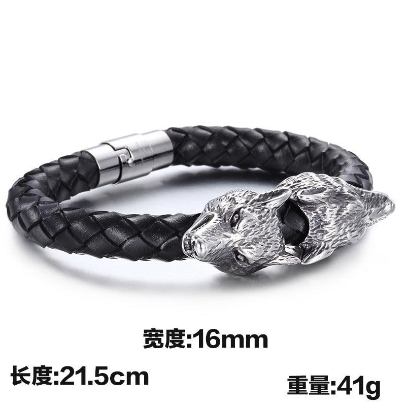 KALEN 9mm Cowhide Leather Stainless Steel 16mm Wolf Animal Charm Bracelet for Men - kalen