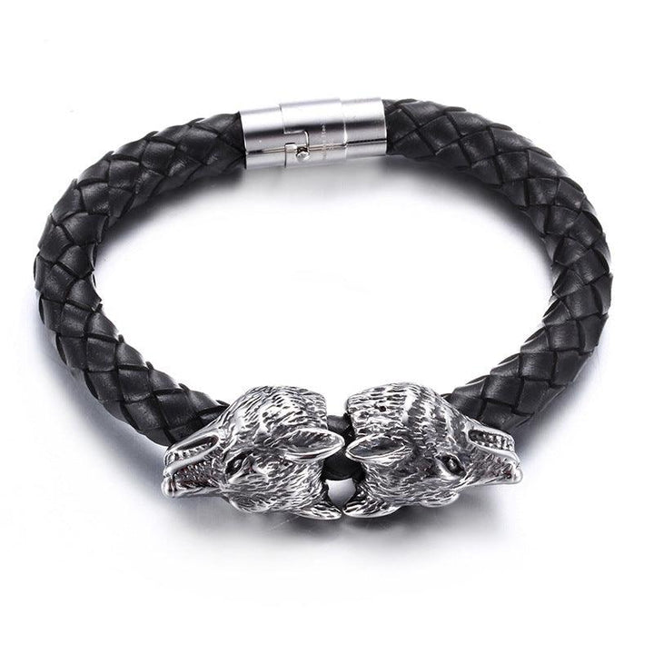 KALEN 9mm Cowhide Leather Stainless Steel 16mm Wolf Animal Charm Bracelet for Men - kalen