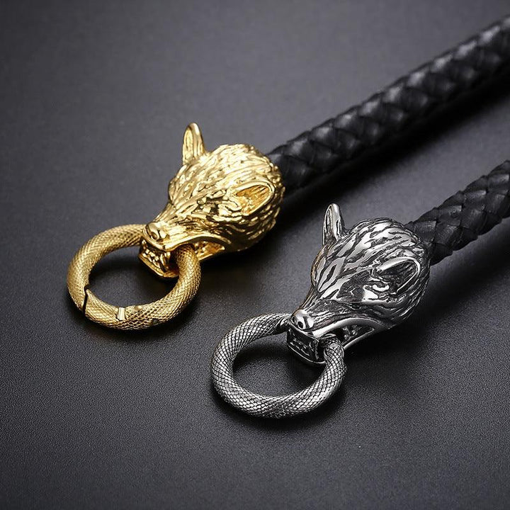 KALEN 9mm Cowhide Leather Stainless Steel 18mm Wolf Animal Charm Bracelet for Men - kalen