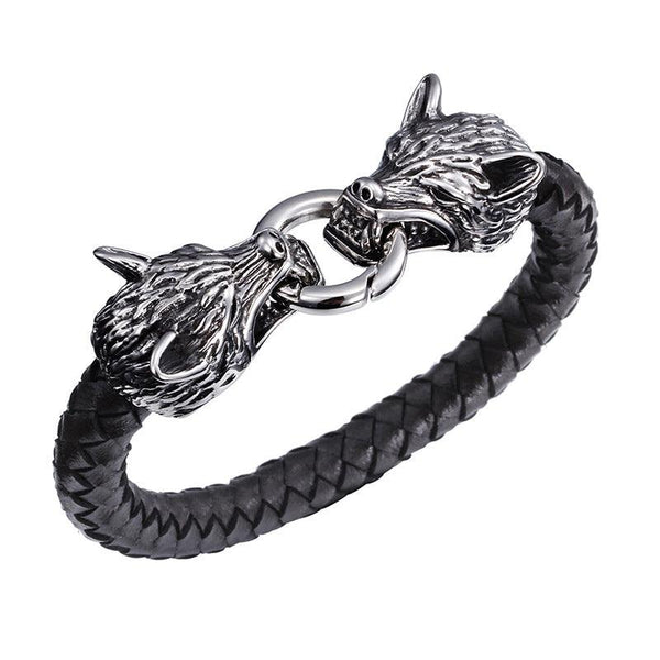 KALEN 9mm Cowhide Leather Stainless Steel Wolf Animal Charm Bracelet for Men - kalen