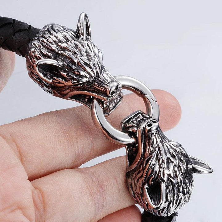 KALEN 9mm Cowhide Leather Stainless Steel Wolf Animal Charm Bracelet for Men - kalen