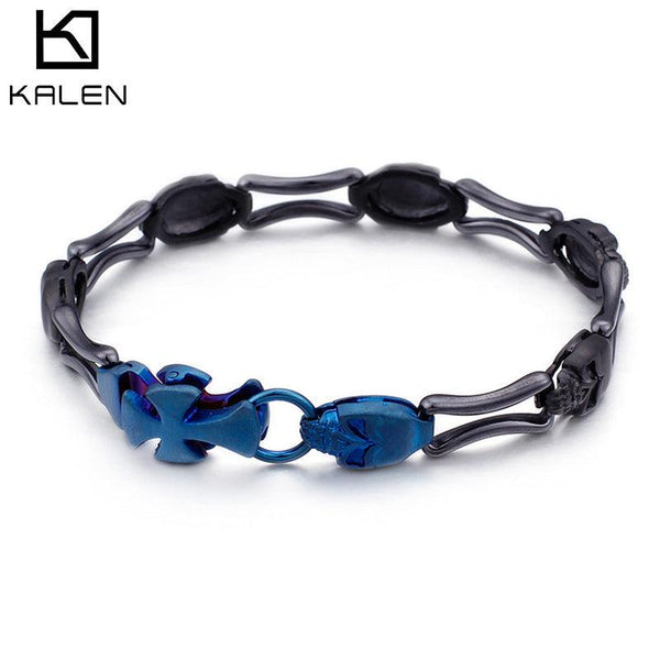 KALEN 9mm Skull Cross Charm Chain Stainless Steel Bracelet for Men - kalen
