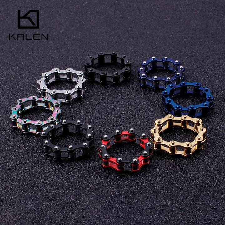 KALEN Stainless Steel Gold Motorcycle Chain Rings For Men Boho Colorful Bike Chain Finger Man Ring Biker Party Jewelry Size 8-12.