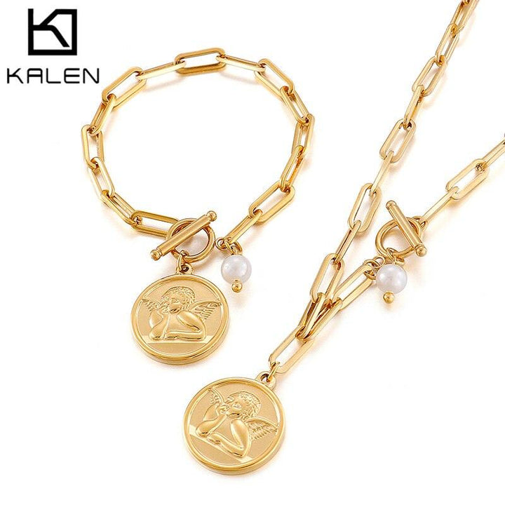 KALEN Angel Coin Necklace and Bracelet Jewelry Sets for Women Gift Stainless Steel Engagement Wedding Party Chain Set Jewelry.