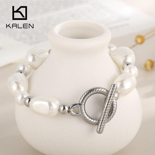 KALEN Baroque Pearl Bracelet For Women Big Shell Pearl Stainless Steel Bohemian Jewelry Charm Bracelet Girl Birthday Gift.