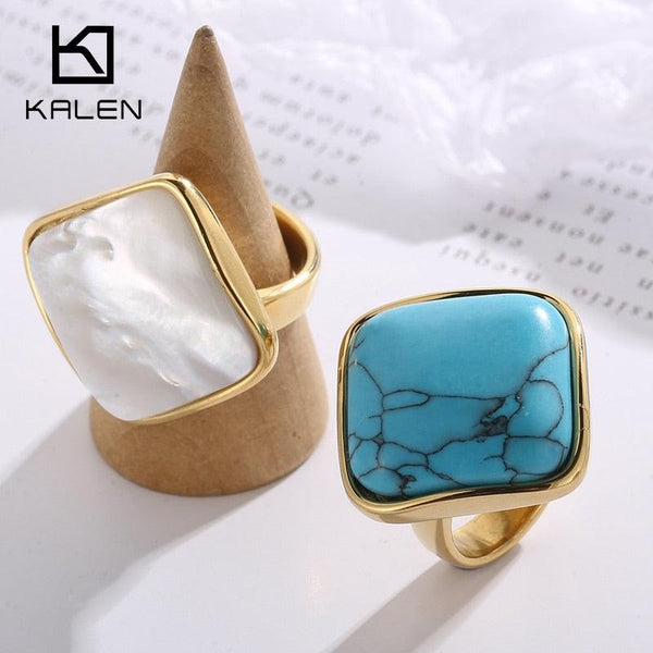 KALEN Big Stainless Steel Pearl Shell Rings For Women Girls Geometry Square Turquoise Rings Party Jewelry.