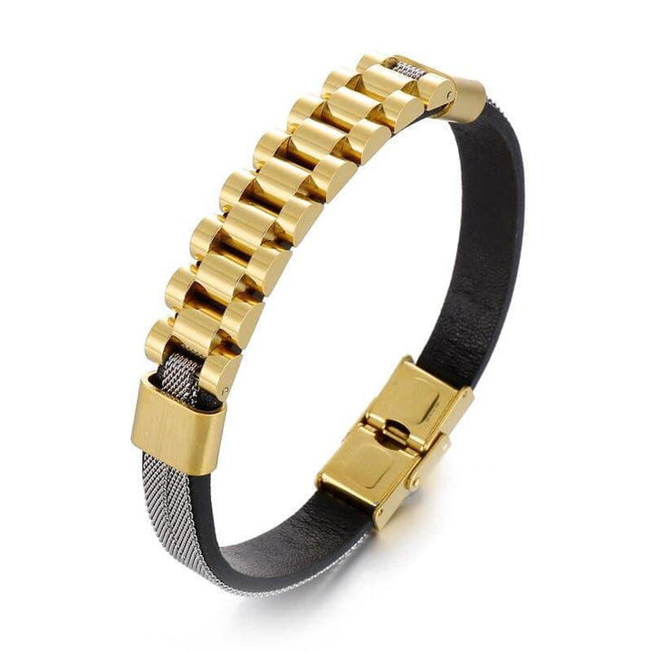 KALEN Biker Bracelet Men Genuine Leather Stainless Steel Watchband Jewelry.