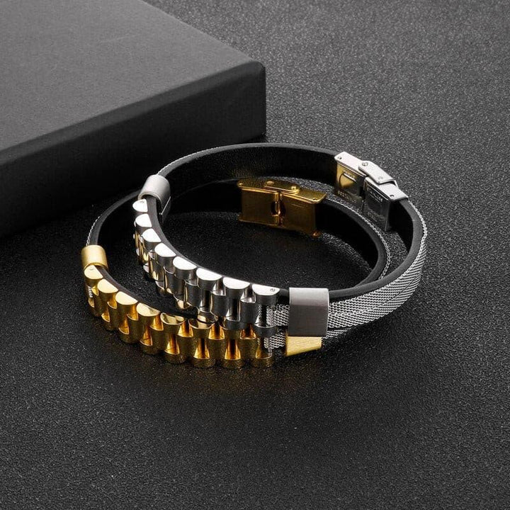 KALEN Biker Bracelet Men Genuine Leather Stainless Steel Watchband Jewelry.