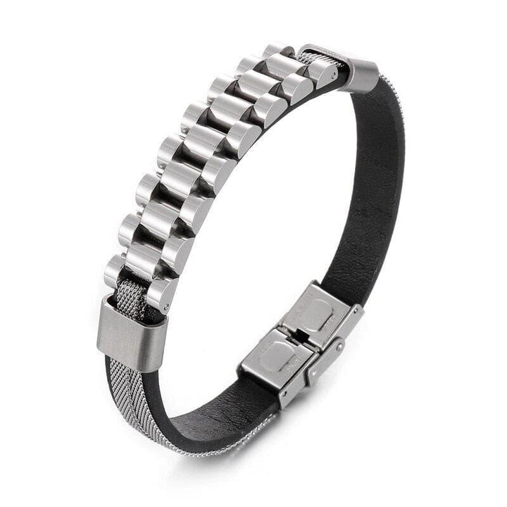 KALEN Biker Bracelet Men Genuine Leather Stainless Steel Watchband Jewelry.