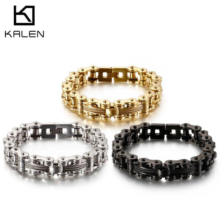 KALEN Bulgaria Bike Chain Bracelet Men Biker 22cm Stainless Steel Black Cable Wire Charm Armband Masculine Jewelry.